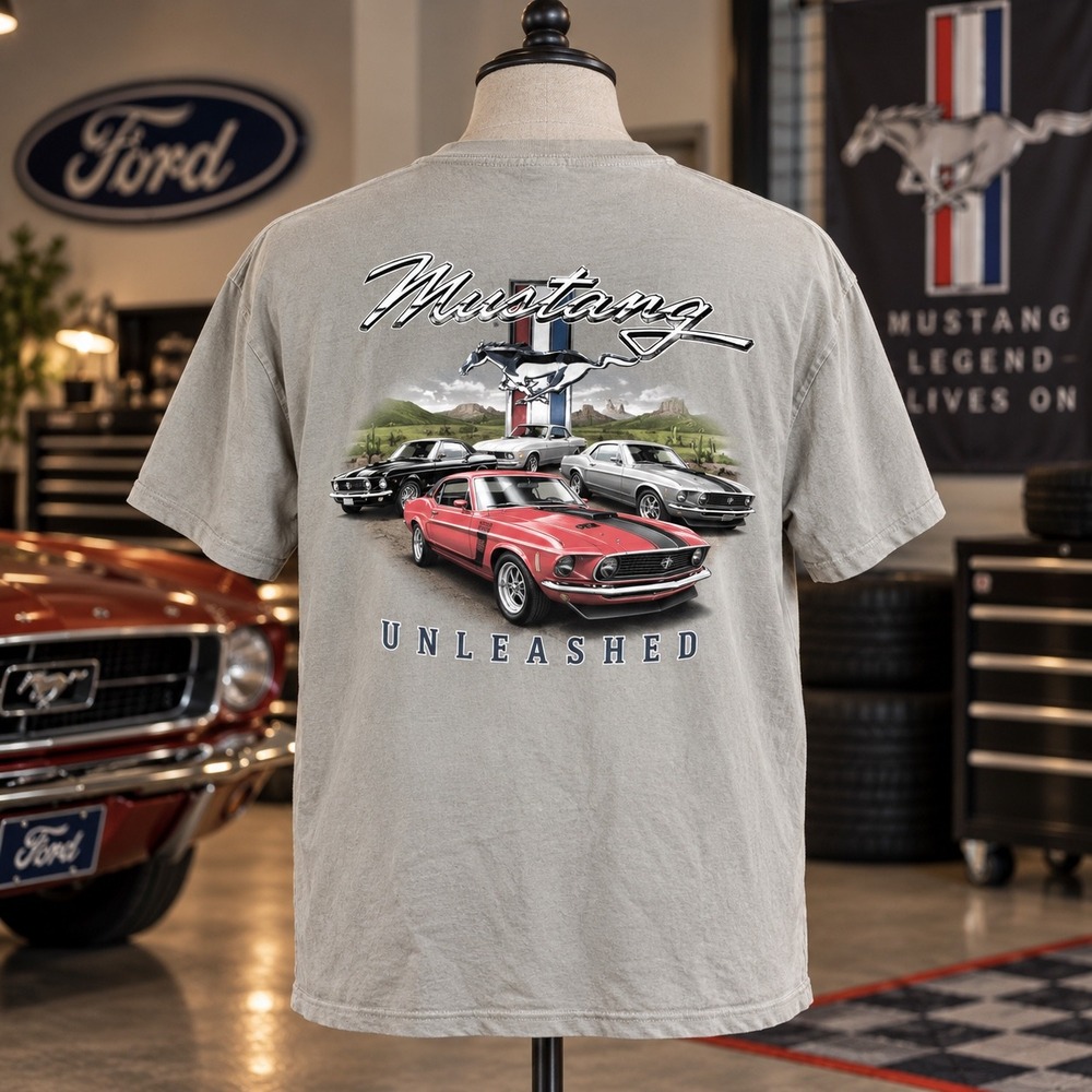 Newport Blue Ford Mustang Unleashed Graphic T-Shirt Mens XXL Gray Muscle Car Tee